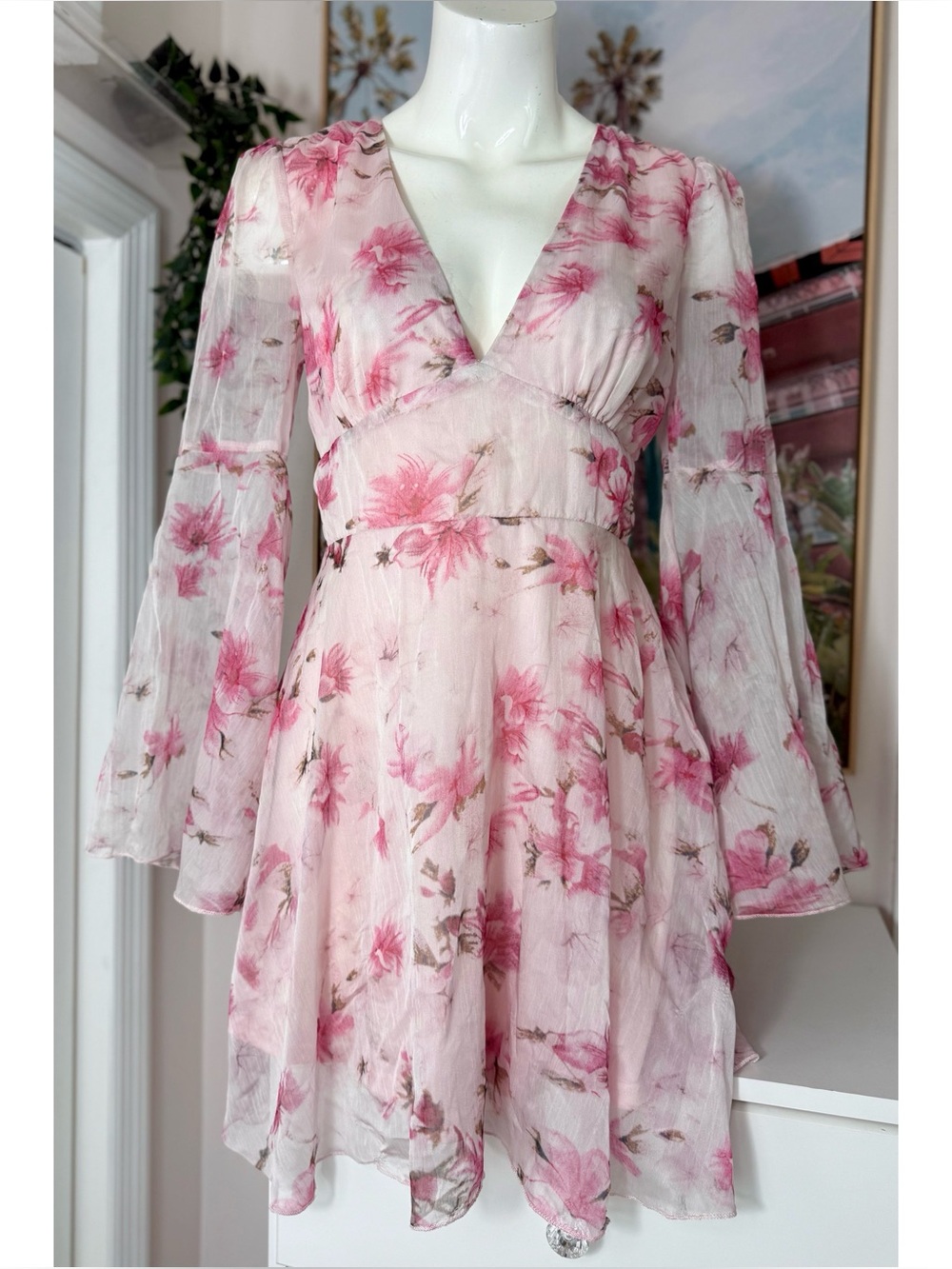 Double Crazy Pink Floral Plunge Mini Dress Sheer Bell Sleeves Size Medium